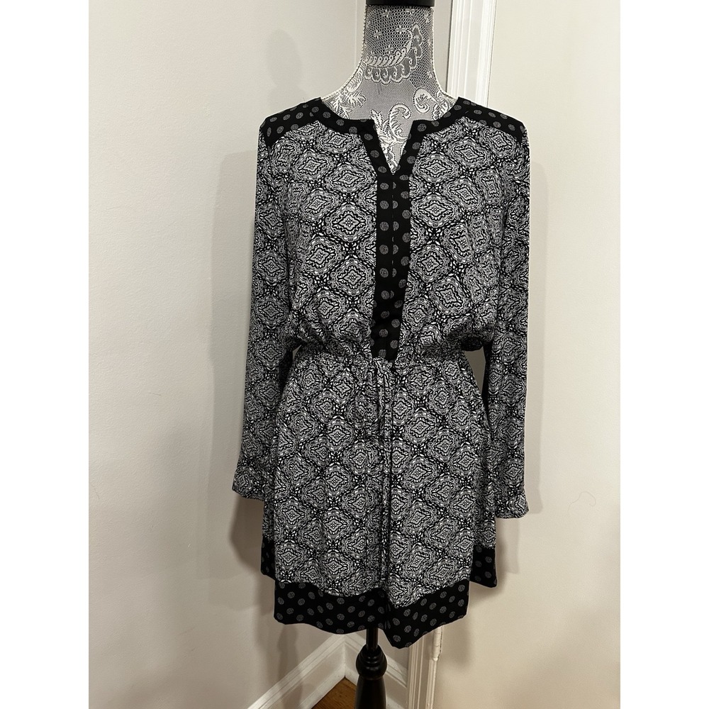 DR2 Boho Geometric Paisley Long Sleeve Dress Sz: M Black White Blouson Polyester